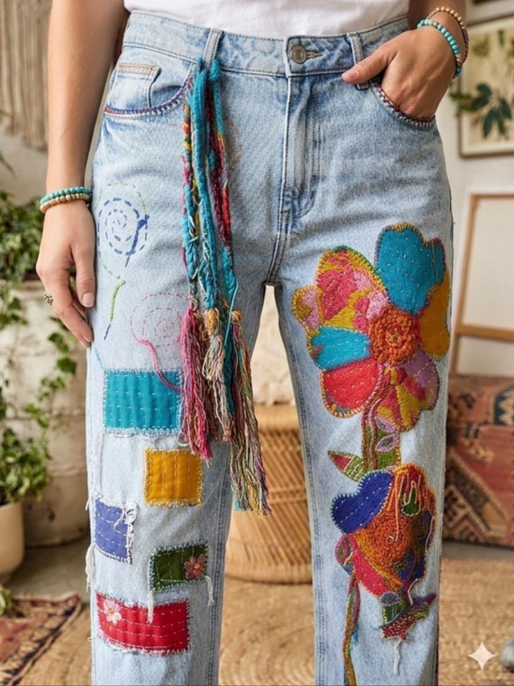 OOAK Upcycled Kantha Patchwork Jeans Hand Stitched Boho Festival Denim - Picture 2 of 6